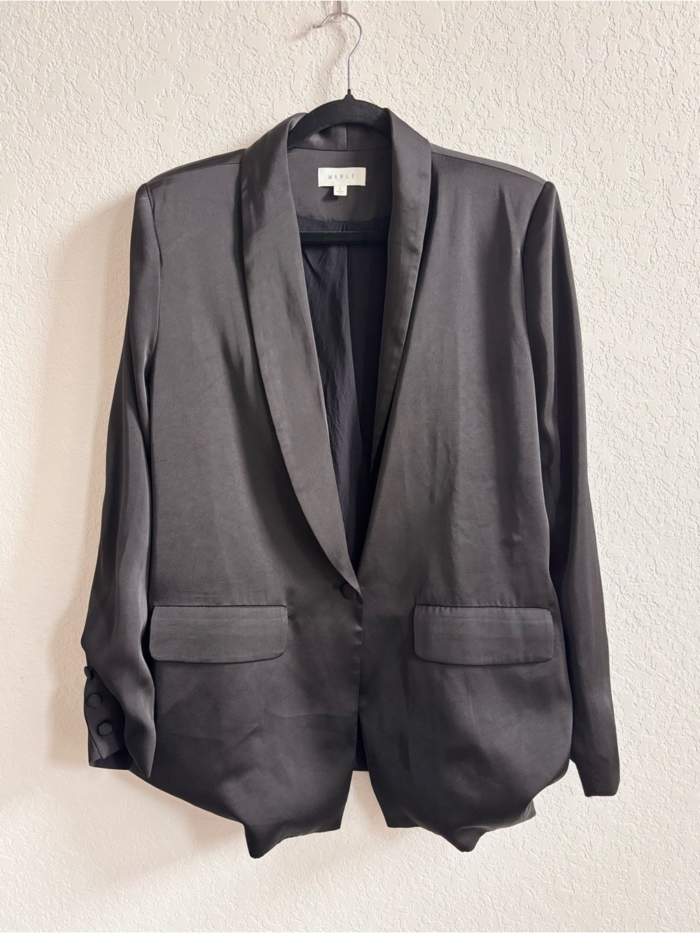 MABLE Black Satin Tuxedo Blazer Shoulder Pads Size L